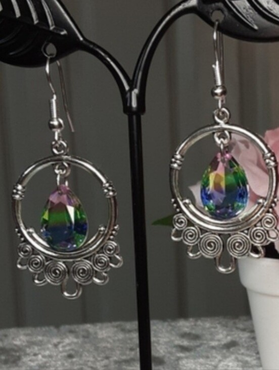 Hand Crafted Jewelry - Handmade Silvertone Dangle Earrings With rainbow Crystal
